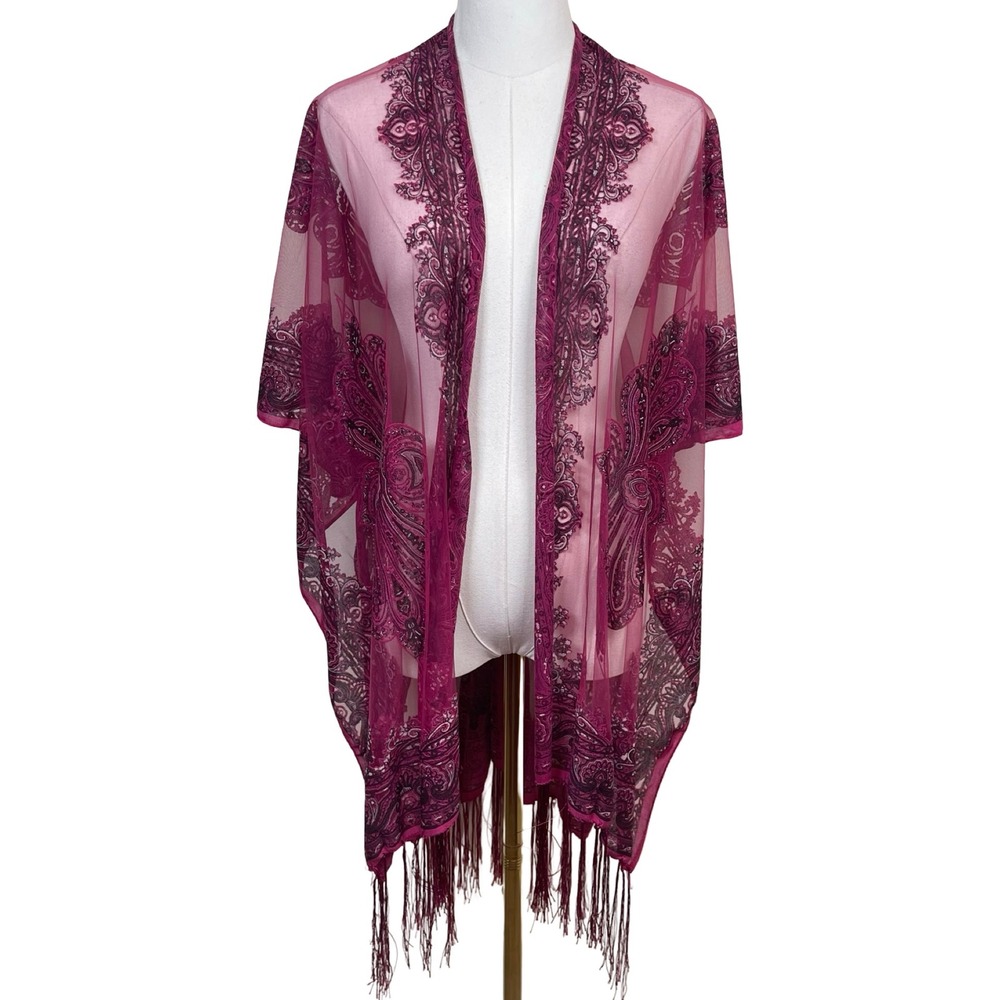 SO Paisley Mesh Fringe Kimono Wrap Womens OS Pink Sheer Boho Festival Whinsigoth